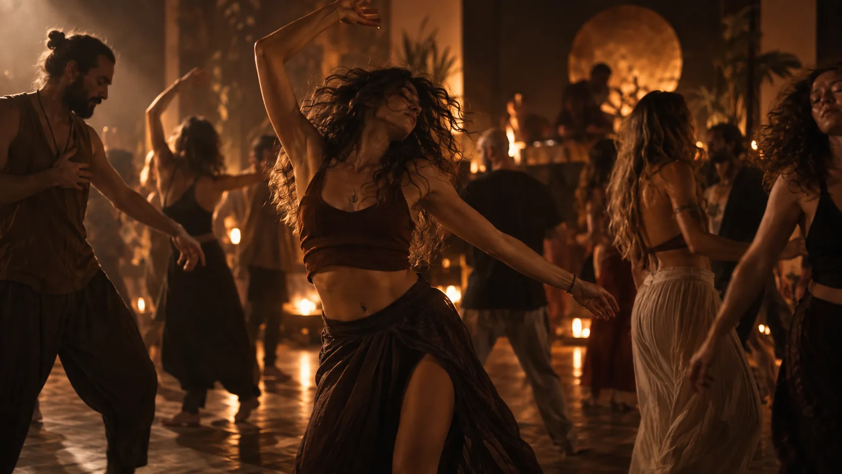 Personas moviéndose libremente durante una sesión de Ecstatic Dance en un espacio de luz cálida.
