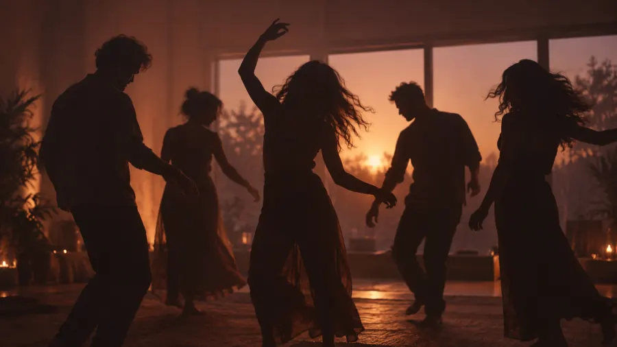 Personas bailando en una sala atravesada por luz de atardecer