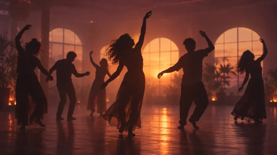 Siluetas de personas bailando en una sala con luz cálida